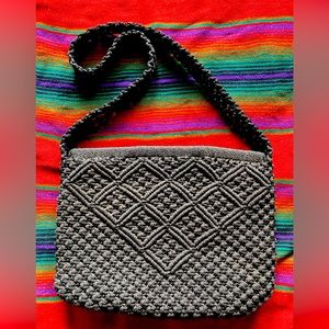 Vintage 1960’s Black Macrame Cord Shoulder Bag Purse! Excellent Condition!